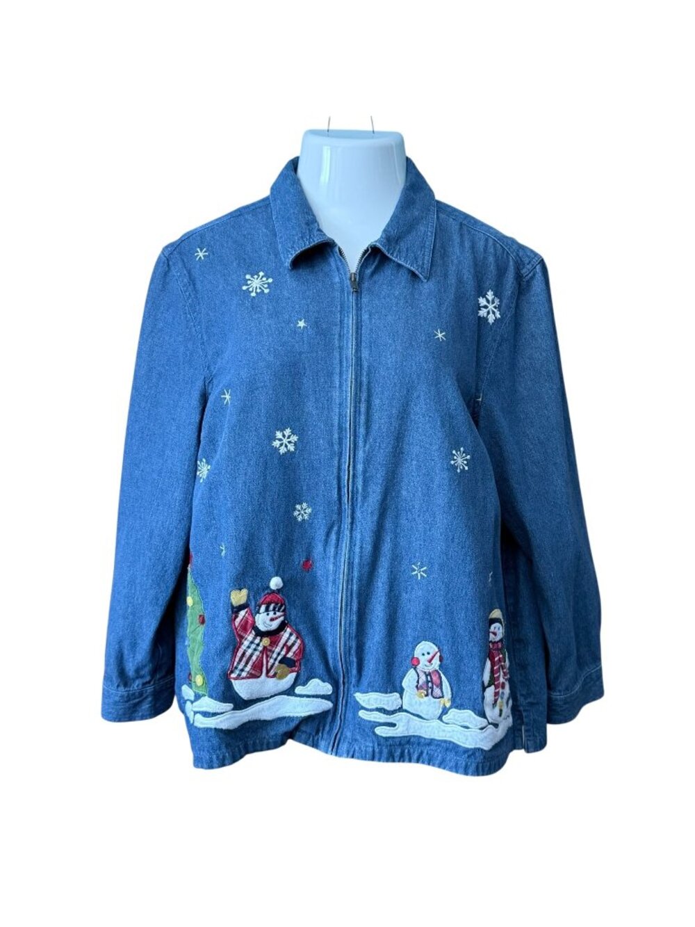 Vtg Fashion Bug 18 20 W Denim Shirt Embroidered Snowmen Blue Long Sleeve